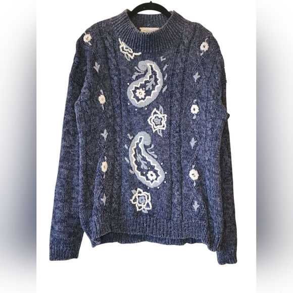 LORD ISAACS vintage cable knit sweater, embroidered paisley, size L - Picture 2 of 6